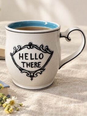 Anthropologie Molly Hatch Hello There Ceramic Mug Blue Striped Interior 12oz